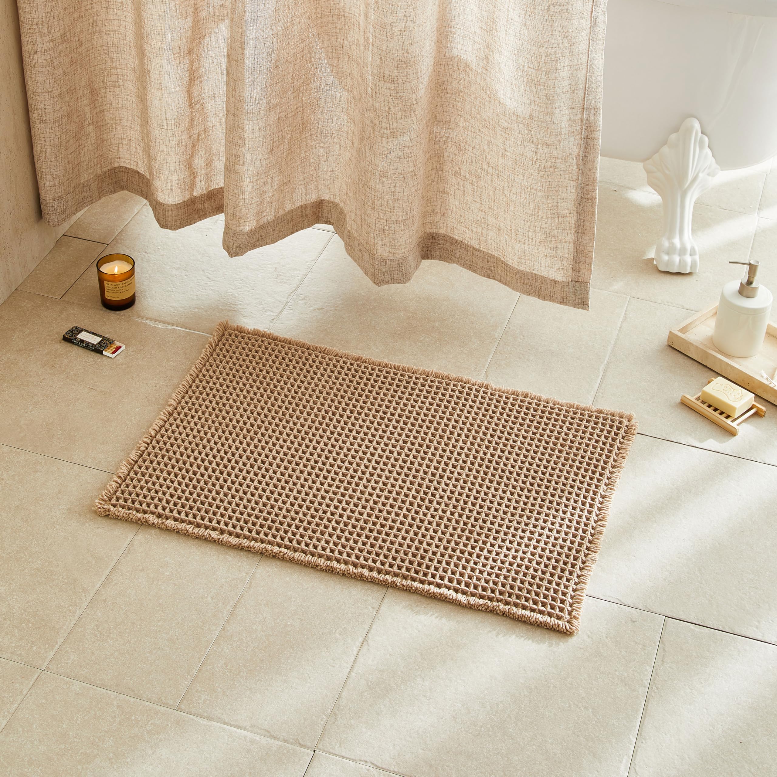 TYUU waffle bath mat front view showing khaki color and boho style for cozy comfort