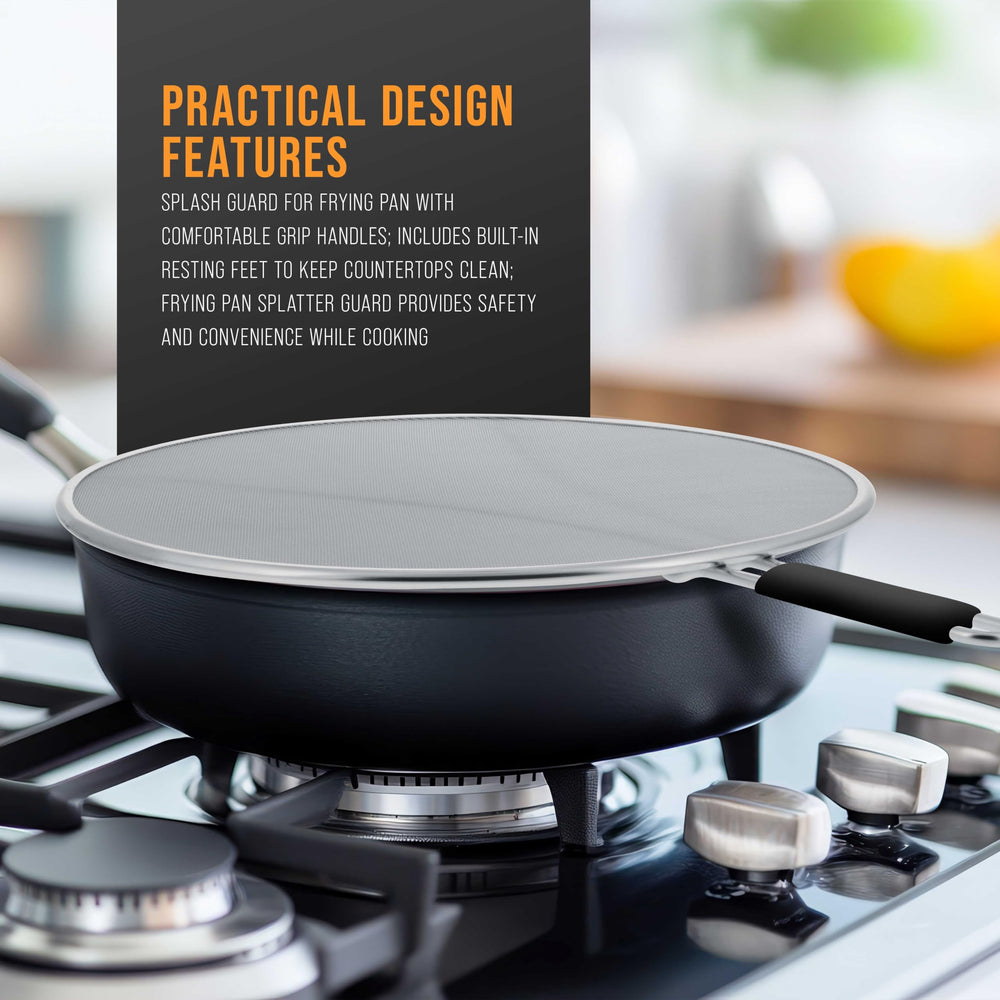 U.S. Kitchen Supply splatter guard in use on skillet reducing oil splatter while frying