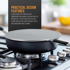 U.S. Kitchen Supply splatter guard in use on skillet reducing oil splatter while frying