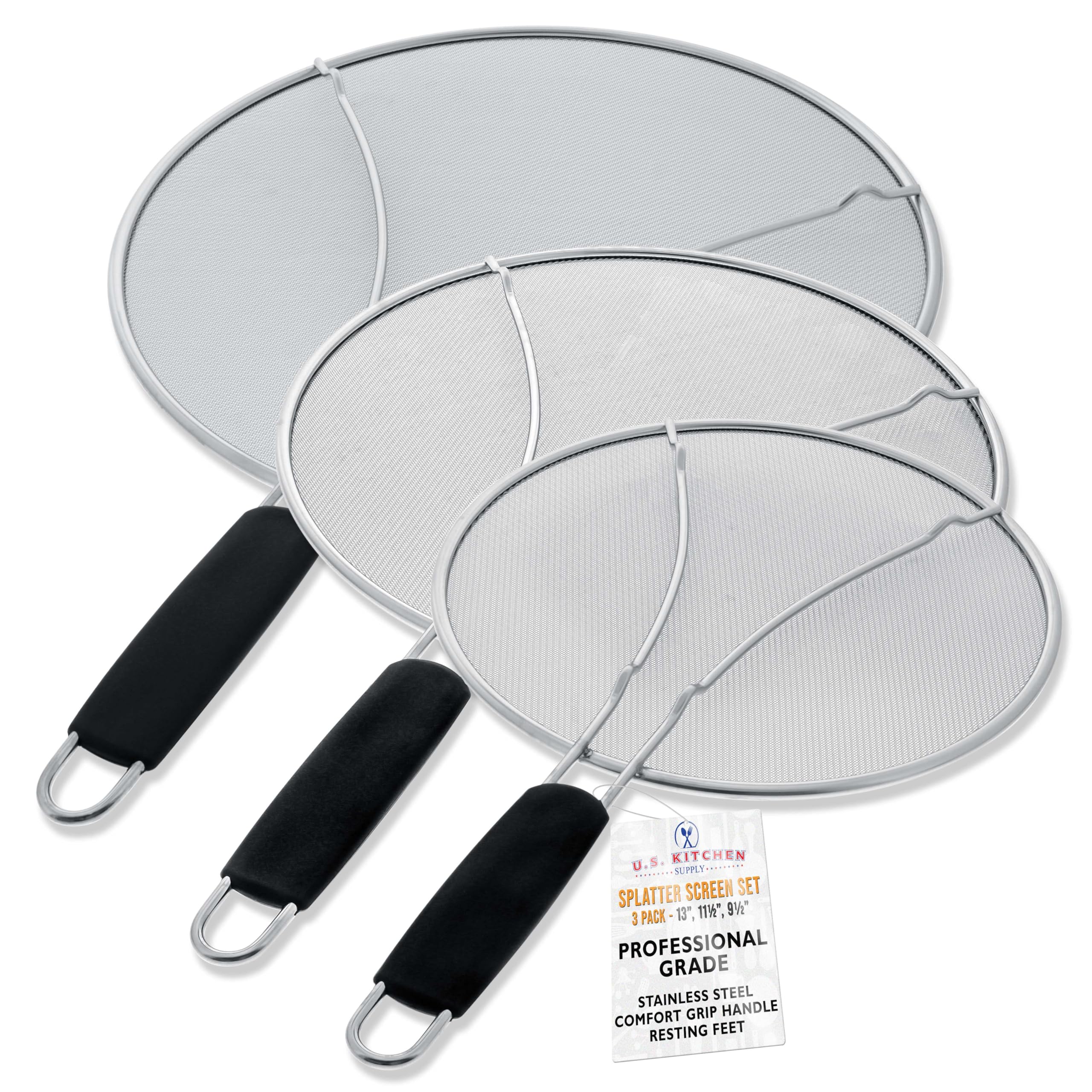 U.S. Kitchen Supply front view of three splatter guards showing sizes and finish - neat cooking