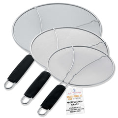 U.S. Kitchen Supply front view of three splatter guards showing sizes and finish - neat cooking