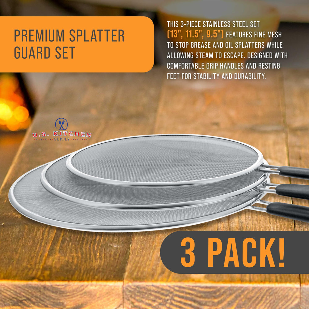 U.S. Kitchen Supply stacked splatter guards demonstrating compact storage and space saving