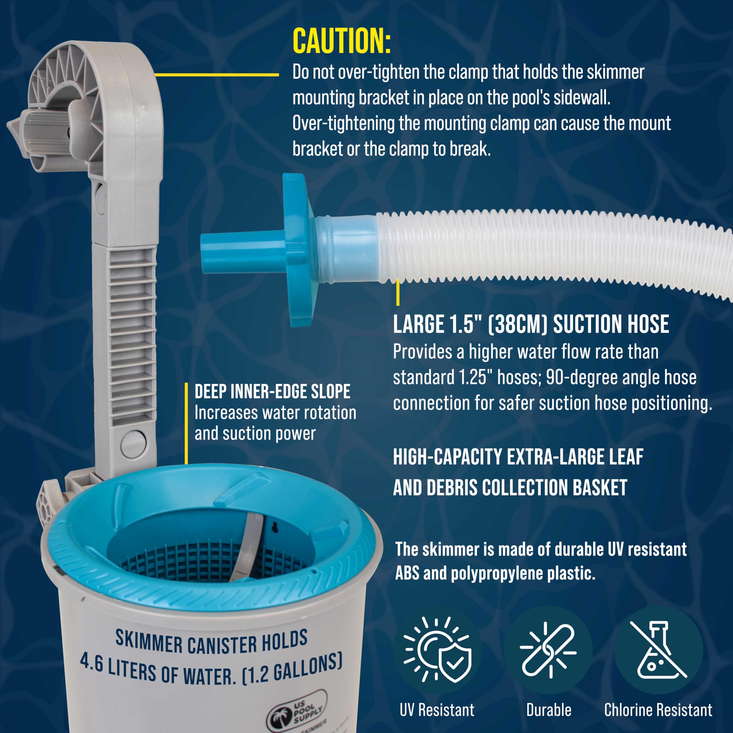 U.S. Pool Supply 90-degree hose connection securing hose and reducing strain