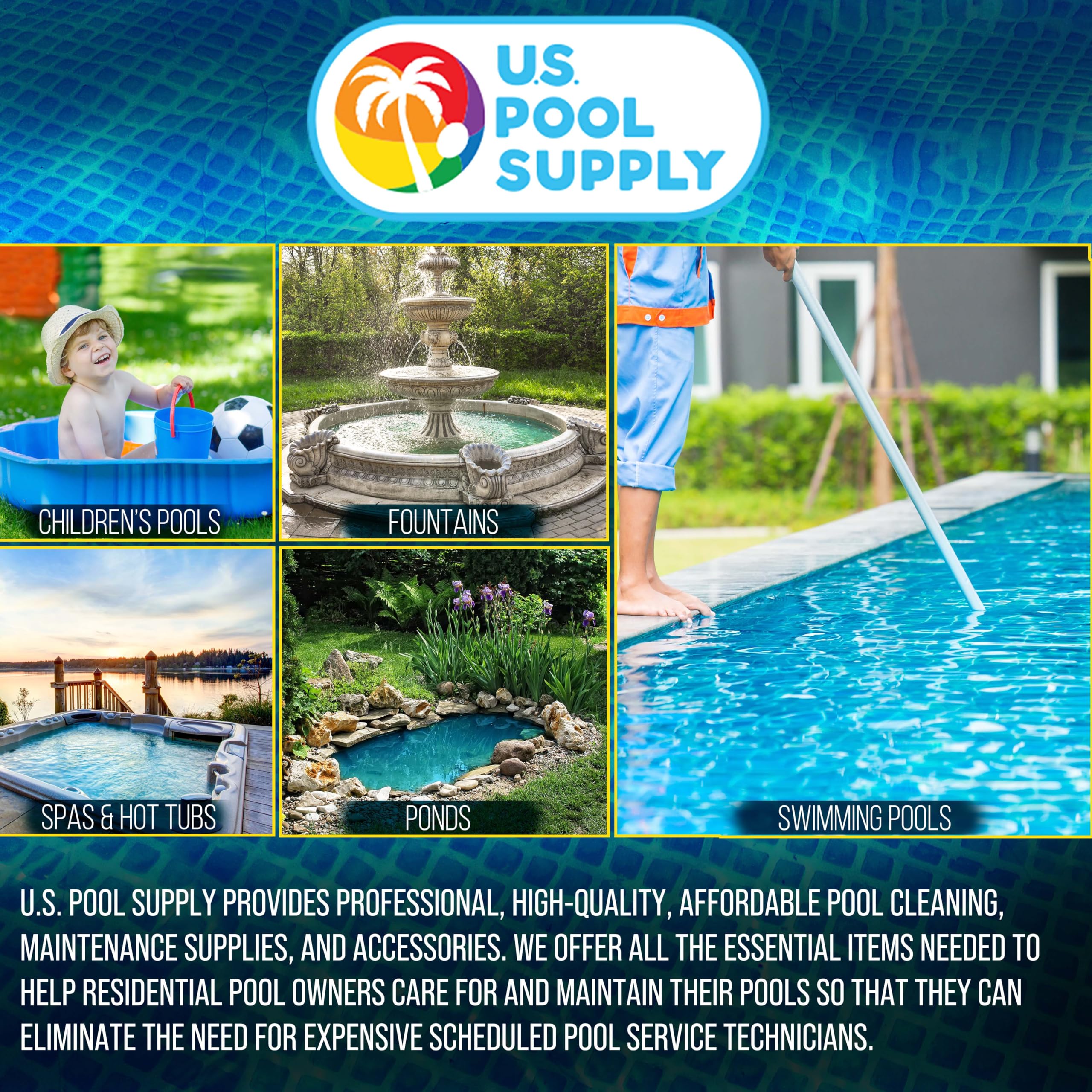 U.S. Pool Supply size comparison showing 1.5" hose for higher water flow benefit