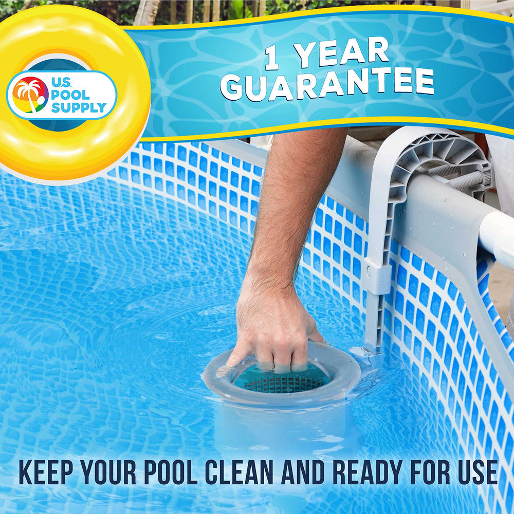 U.S. Pool Supply skimmer in backyard pool setting, helps maintain clear swimming water
