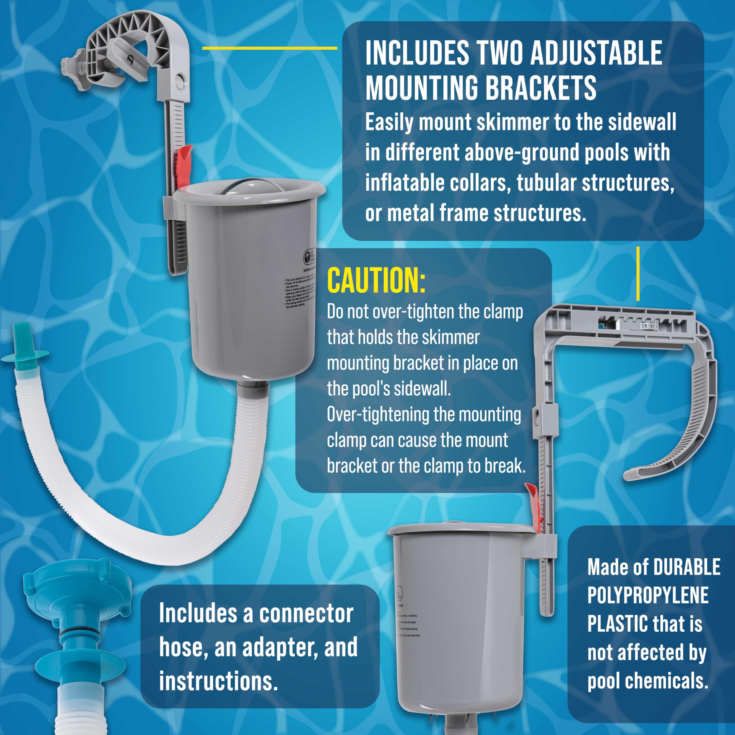 U.S. Pool Supply removable strainer basket detail, enables quick debris removal