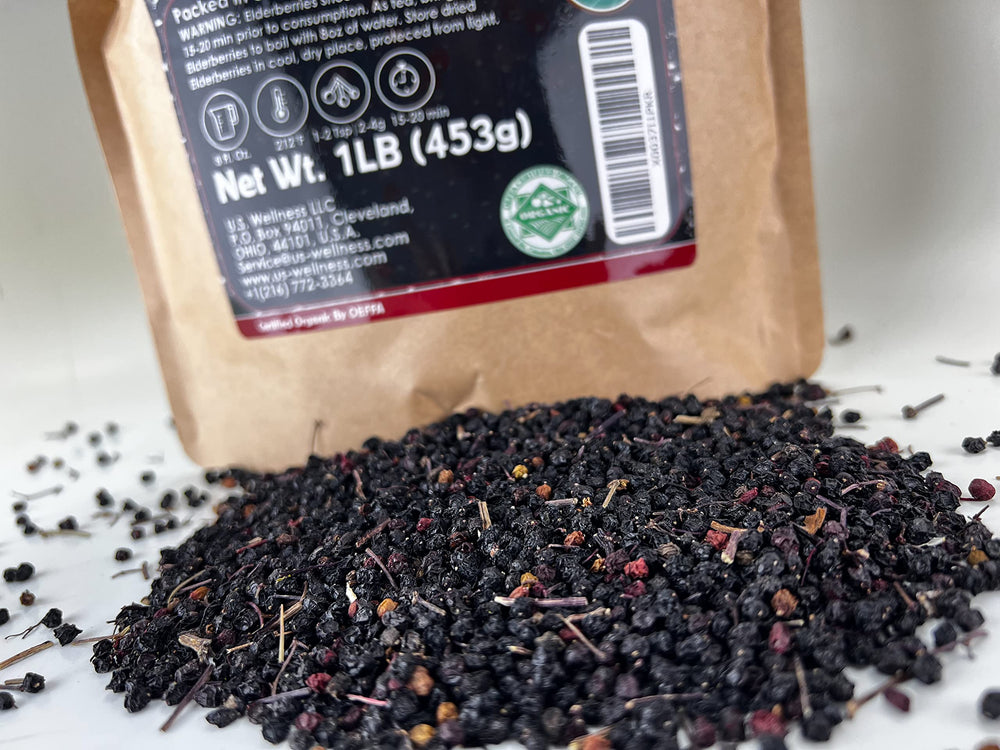 U.S. Wellness Naturals elderberries in kitchen scene showing versatile use in home recipes