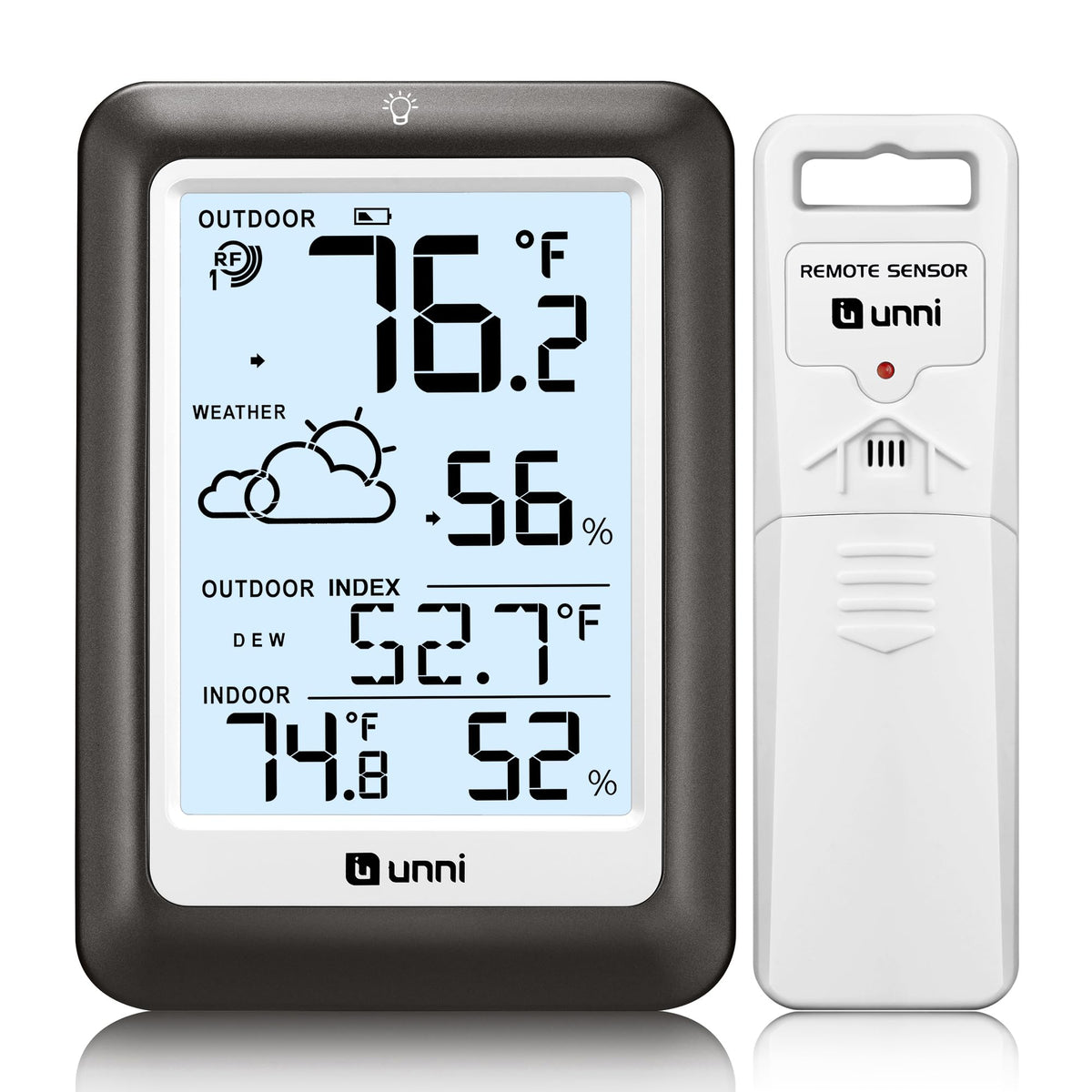 U UNNI front display metal black showing temperature and humidity, clear readings for quick decisions