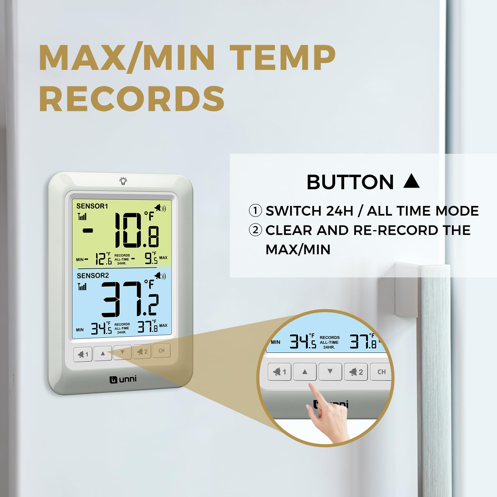 U UNNI sensor placed in a freezer showing frozen food safety monitoring benefit