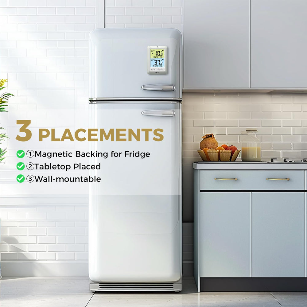 U UNNI mounted inside a refrigerator demonstrating door-closed monitoring benefit