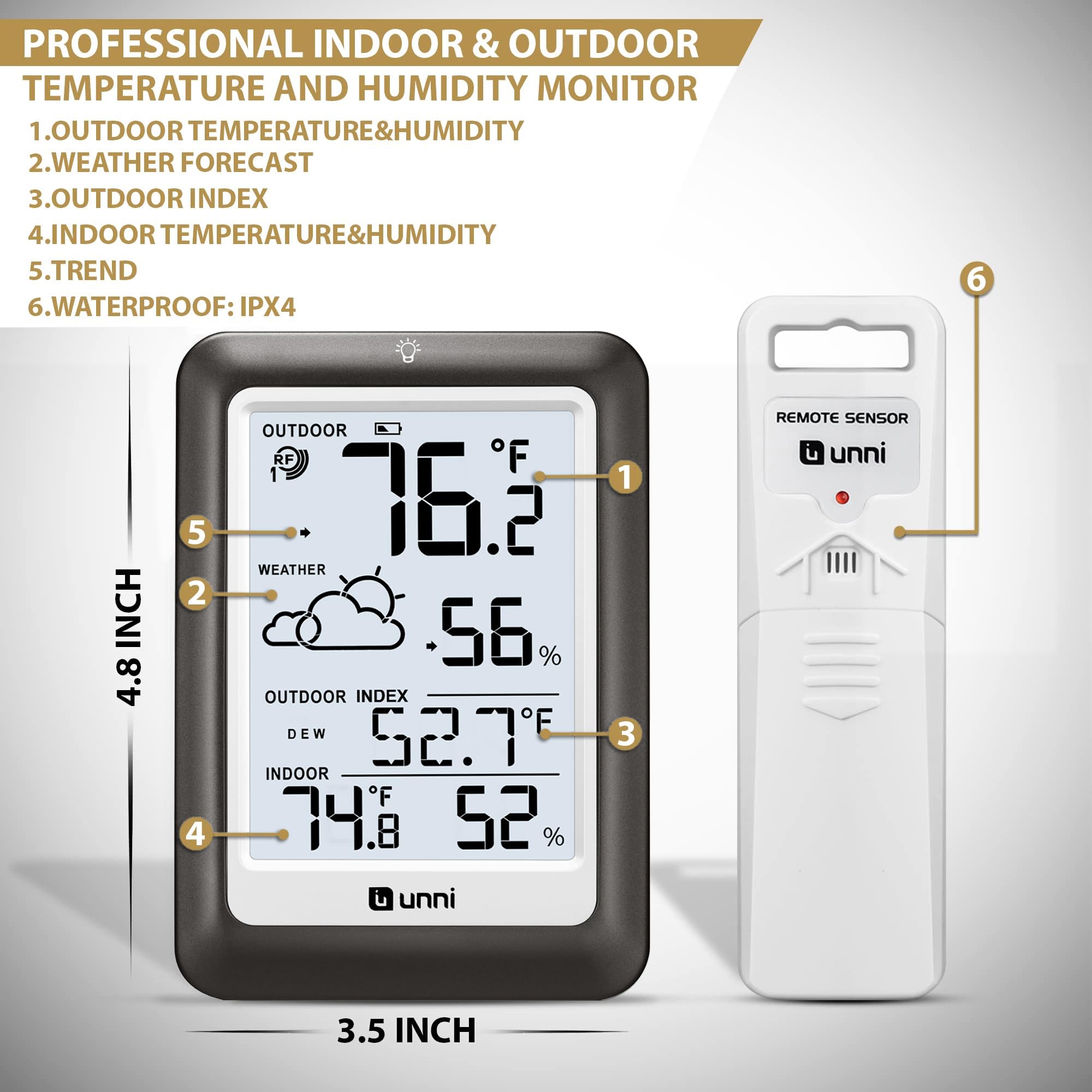 U UNNI next to smartphone for scale, compact weather station easy to position anywhere