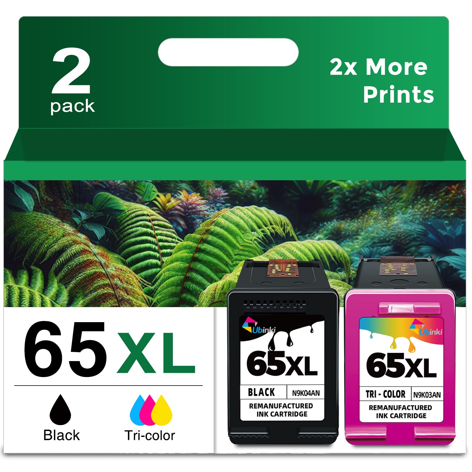 Ubinki 65XL front packaging showing both black and tri-color cartridges, clear replacement benefits