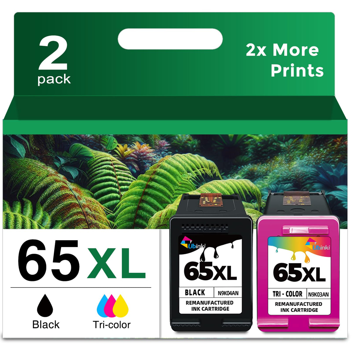Ubinki 65XL front packaging showing both black and tri-color cartridges, clear replacement benefits