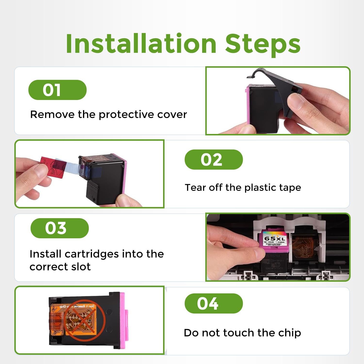 Ubinki 65XL label and upgraded chip detail highlighting plug-and-play compatibility advantage