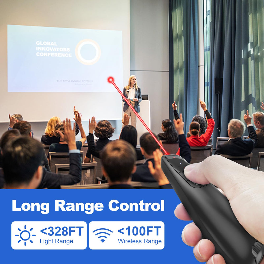 UBUYONE presenter red laser pointing at slide to highlight key content