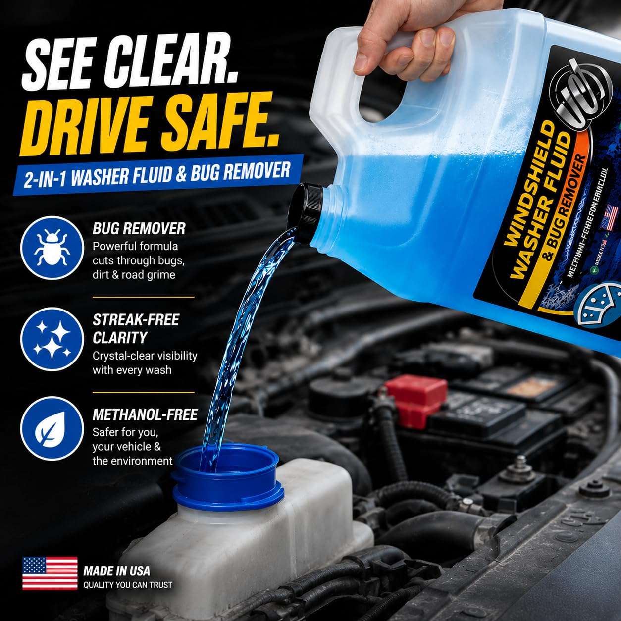 UCS bottle beside coated windshield illustrating coating-safe benefit