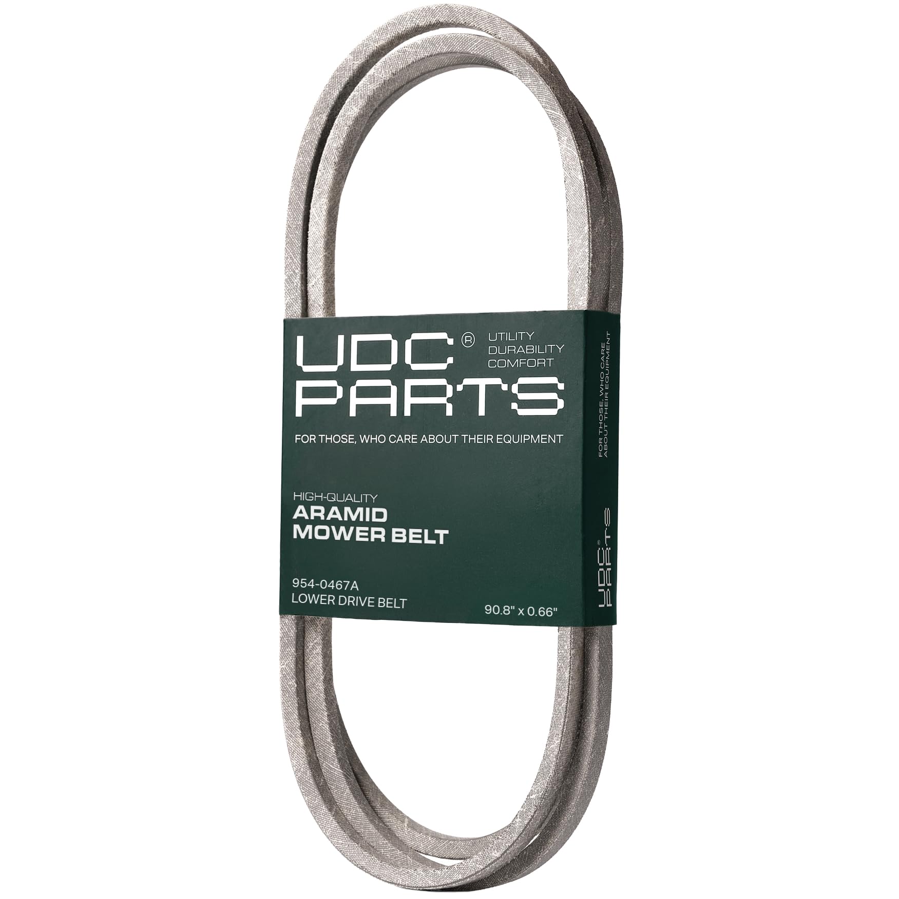 UDC Mower Belts front packaging showing replacement lower belt and benefits