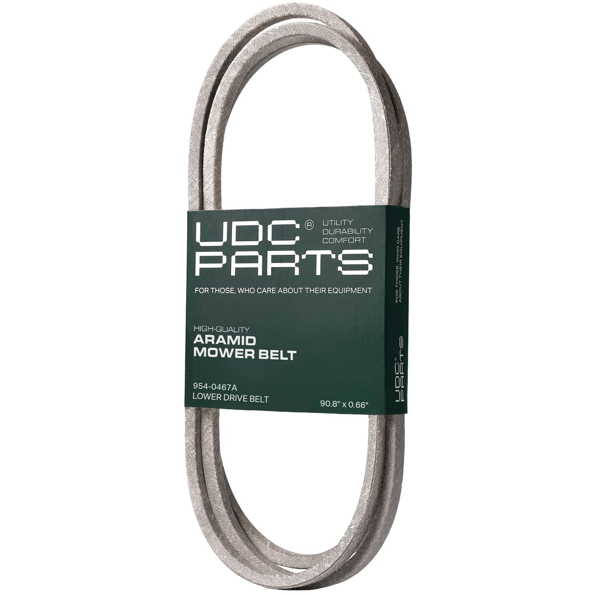 UDC Mower Belts front packaging showing replacement lower belt and benefits