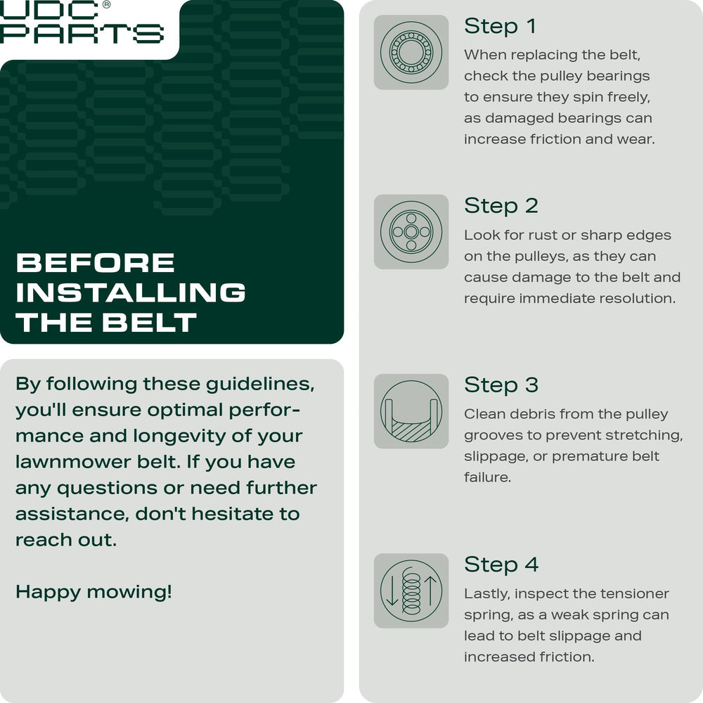 UDC Mower Belts belt routing diagram showing correct path to prevent slipping