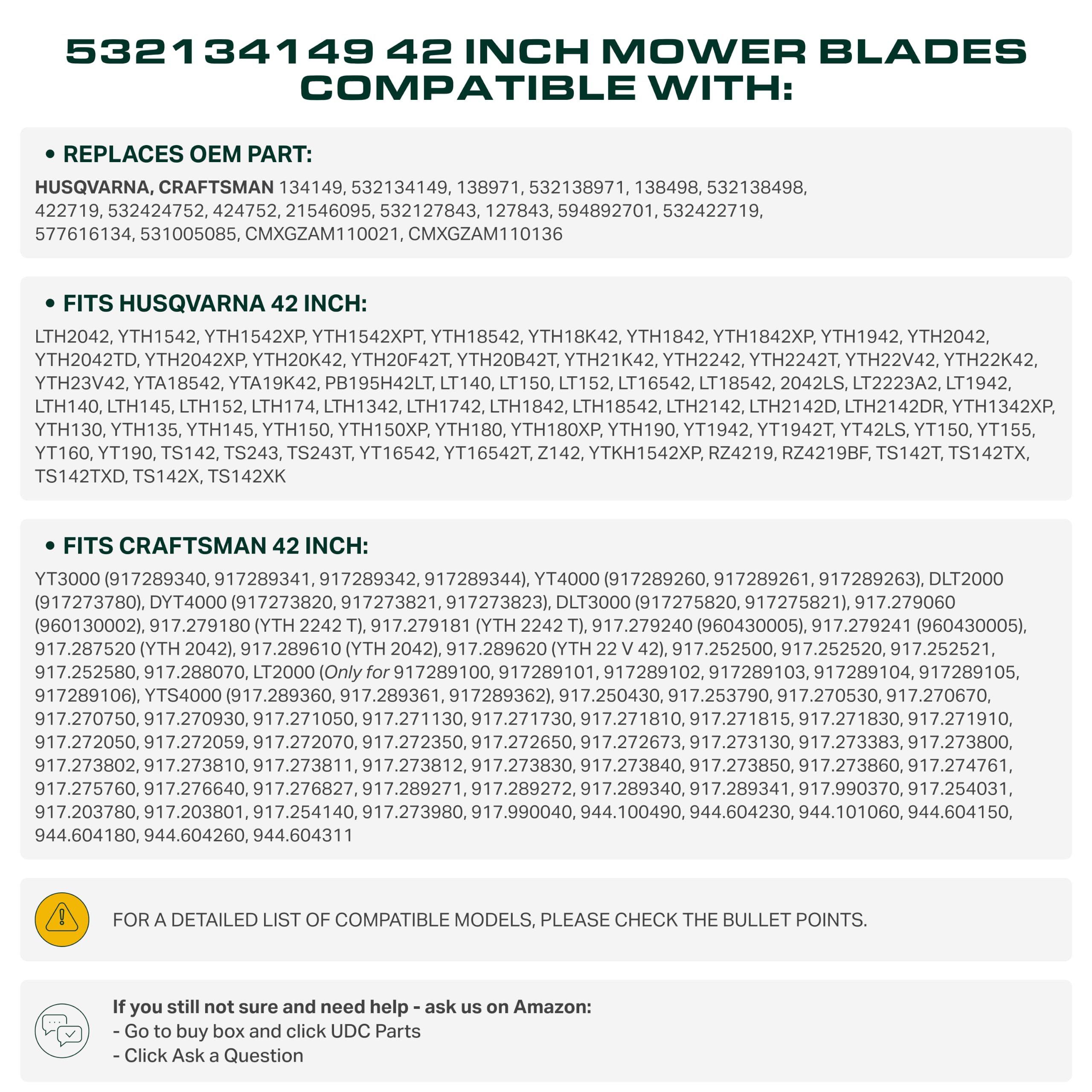 UDC Parts blade dimensions graphic clarifying measurements for proper compatibility