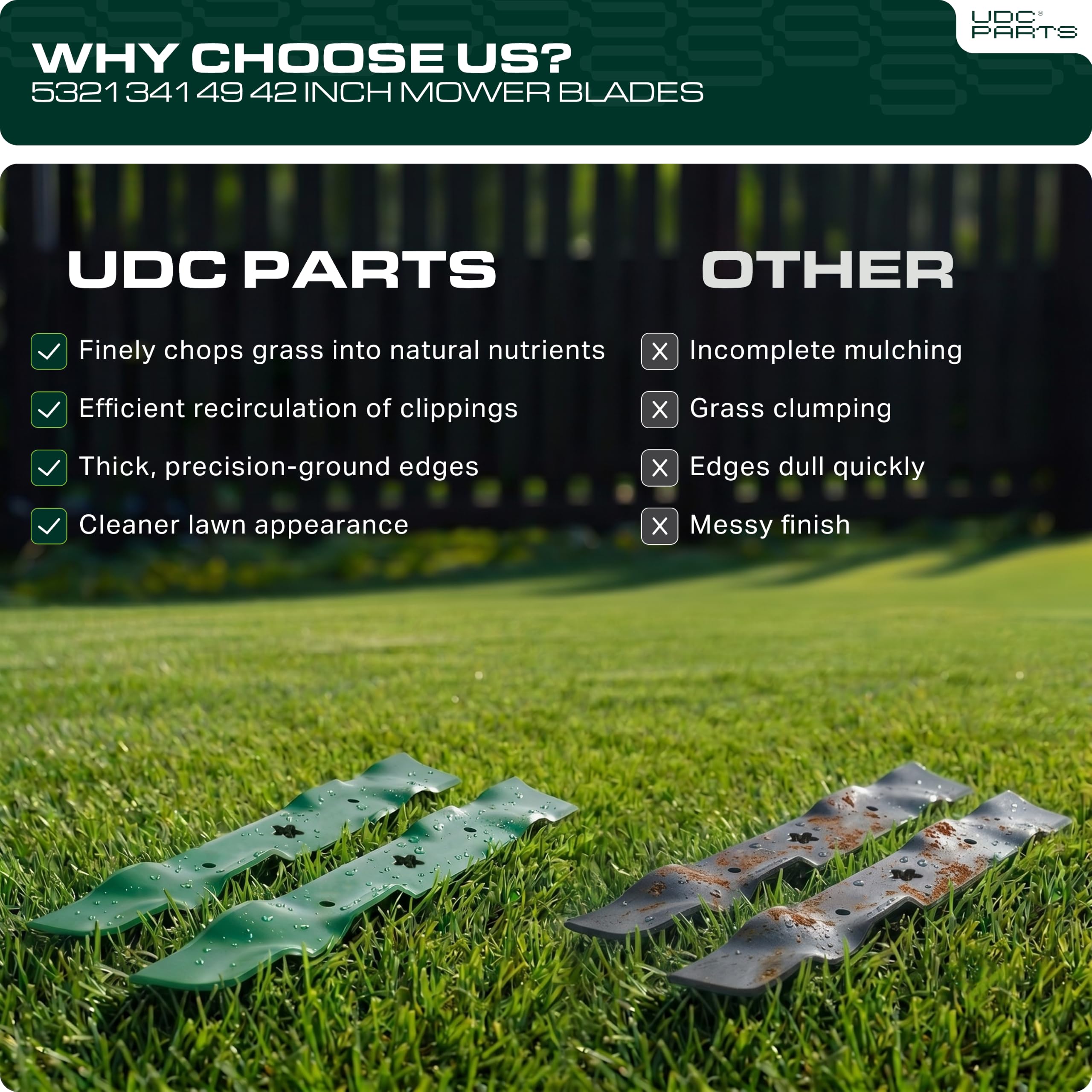 UDC Parts blades in use mulching a lawn demonstrating finer clippings and even finish