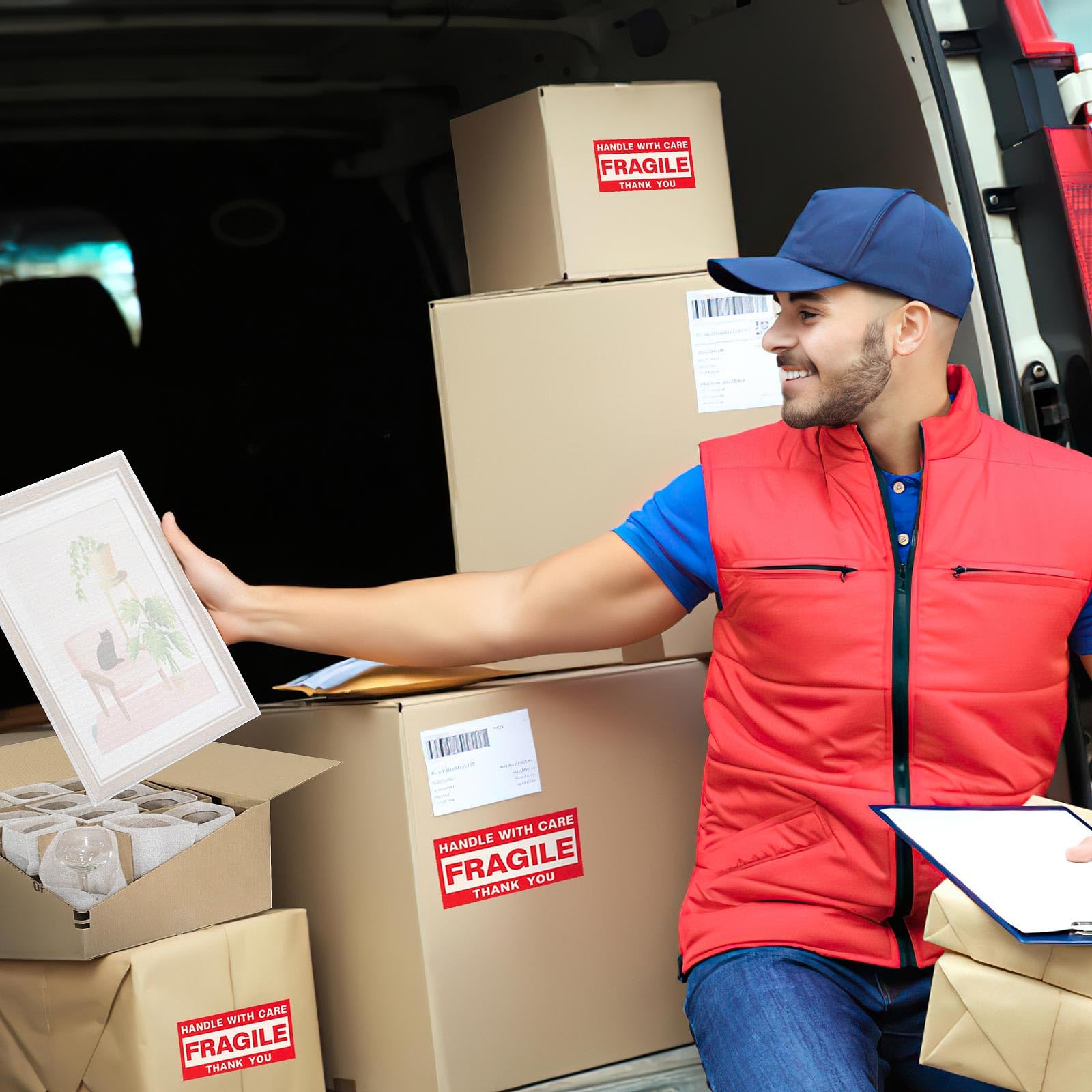 UEIVEDOS moving scene with packed boxes to show secure transport and reduced breakage benefit