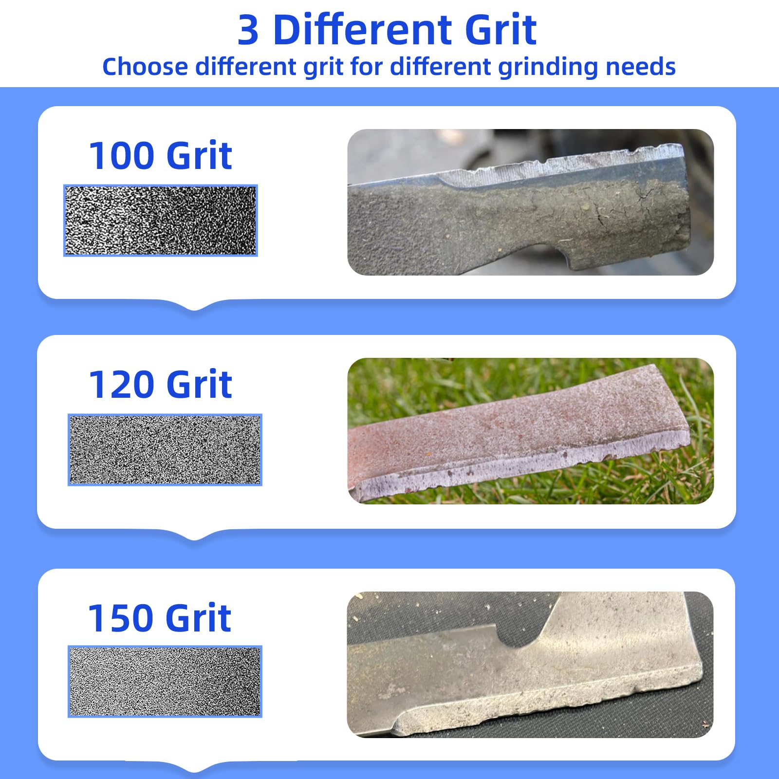 UF-SHARP in use sharpening a mower blade showing fast removal of nicks and reshaping