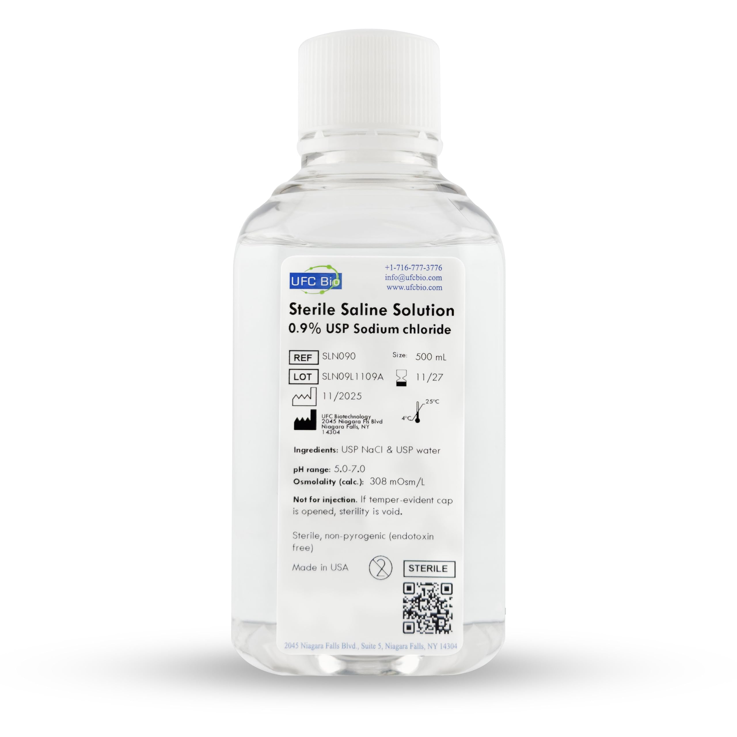 UFC Bio front label on 500 mL saline showing product identity and volume benefit
