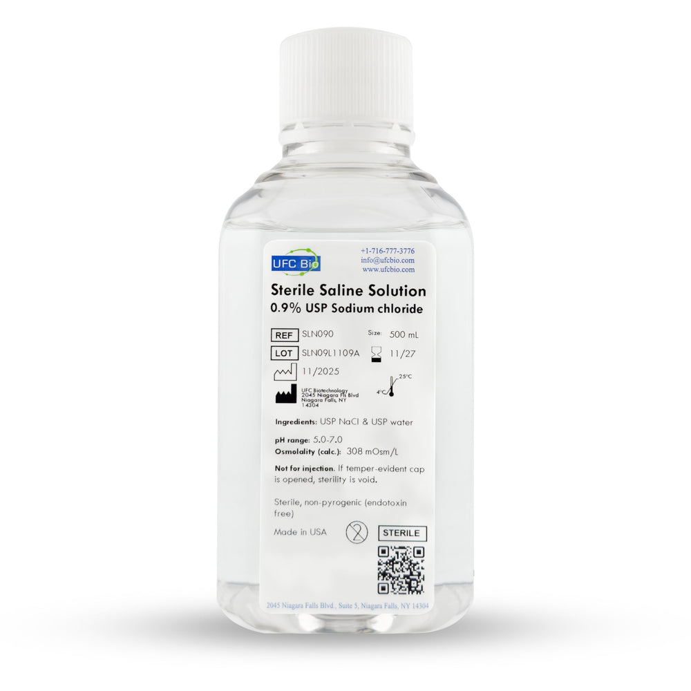 UFC Bio front label on 500 mL saline showing product identity and volume benefit