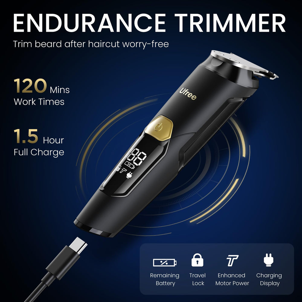 Ufree next to passport and pouch illustrating travel-ready cordless grooming