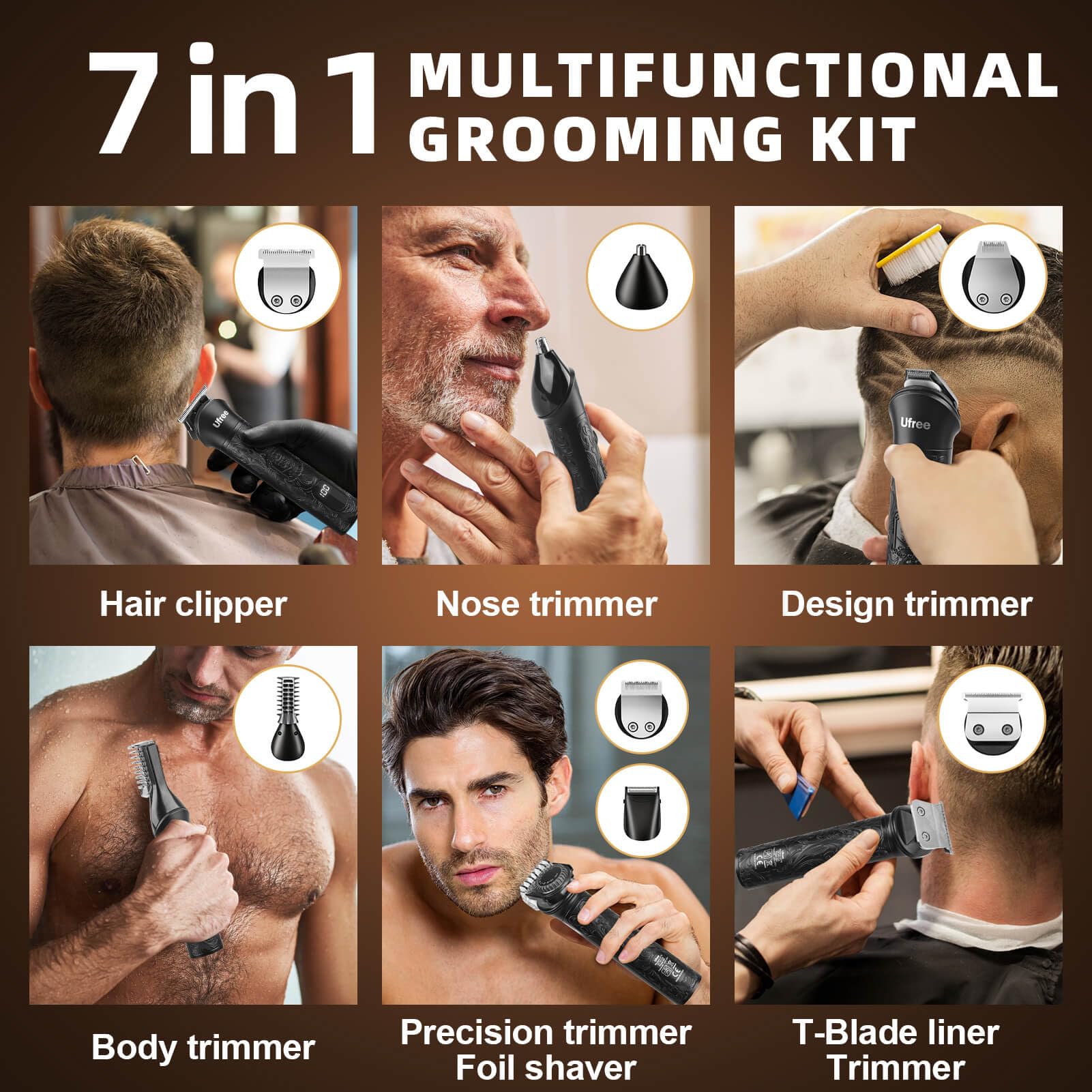 Ufree trimmer with combs arranged illustrating versatile length control
