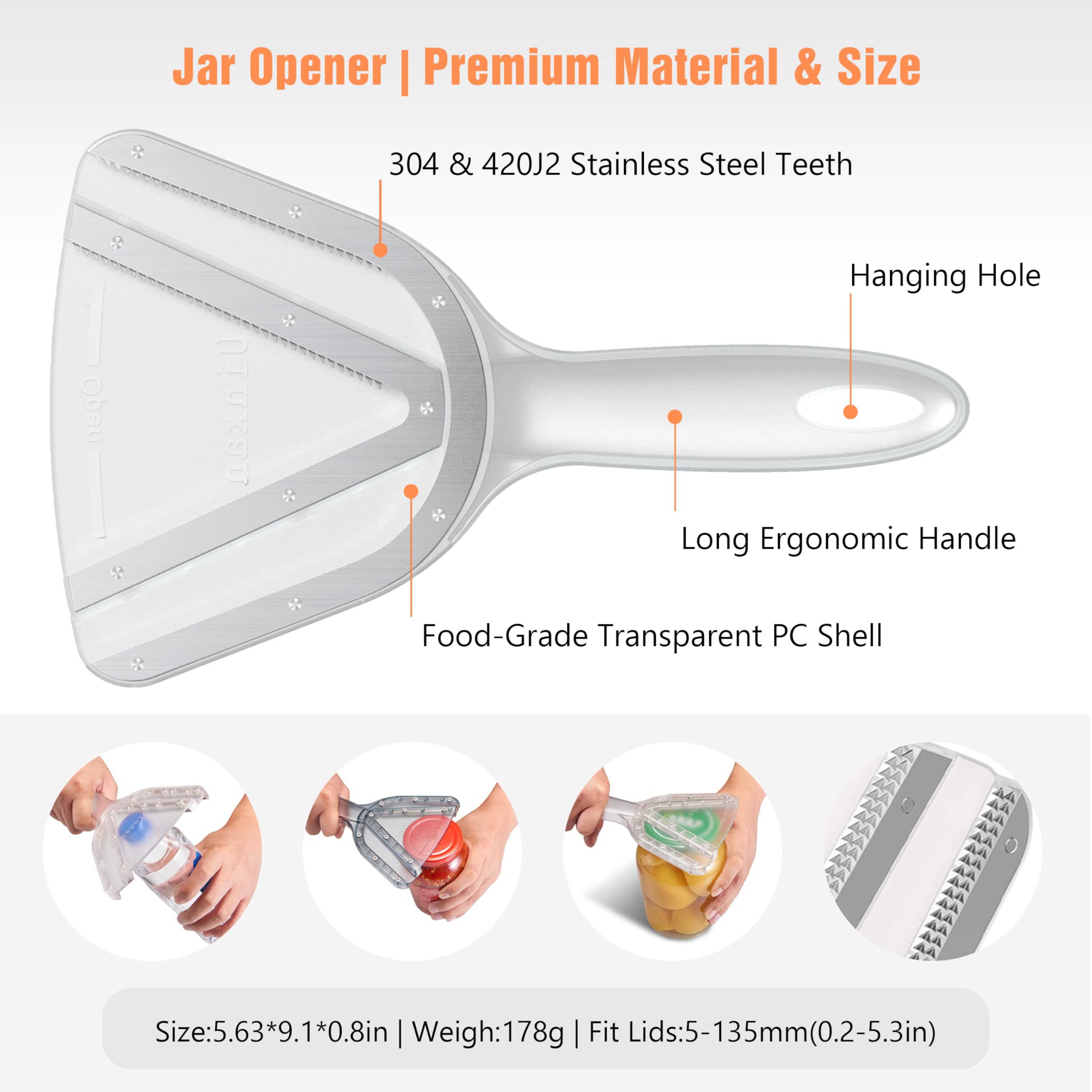 Uinxan close-up of dual stainless steel teeth gripping a lid securely