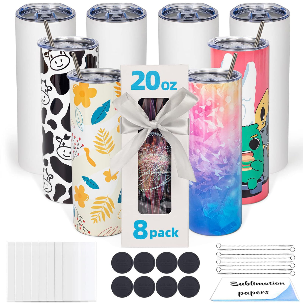 UIRZOTN front view of eight 20oz skinny tumblers showing uniform blanks and branding benefit