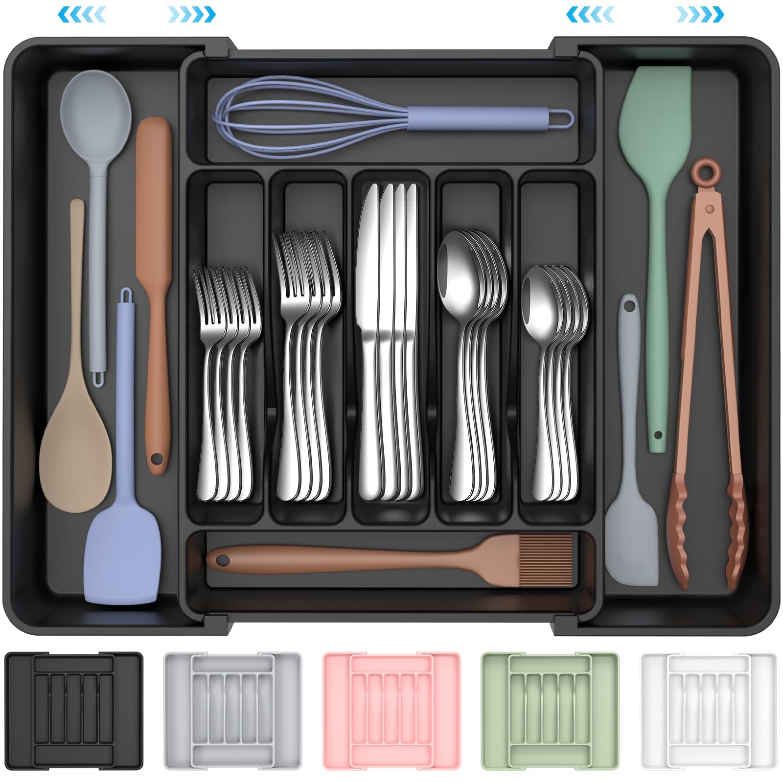 ukeetap front view of black expandable tray showing organized utensils and neatness