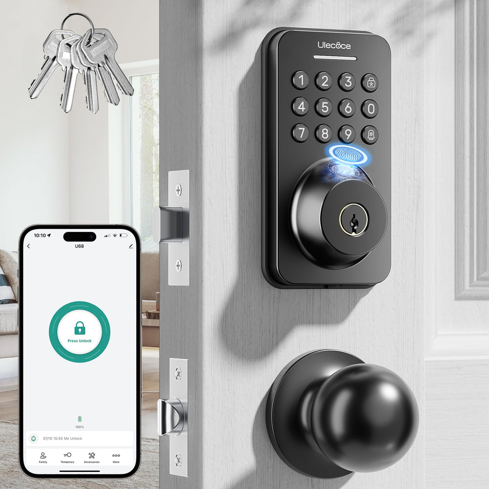 Ulecoce front view deadbolt and knob showing sleek matte black finish and modern curb appeal