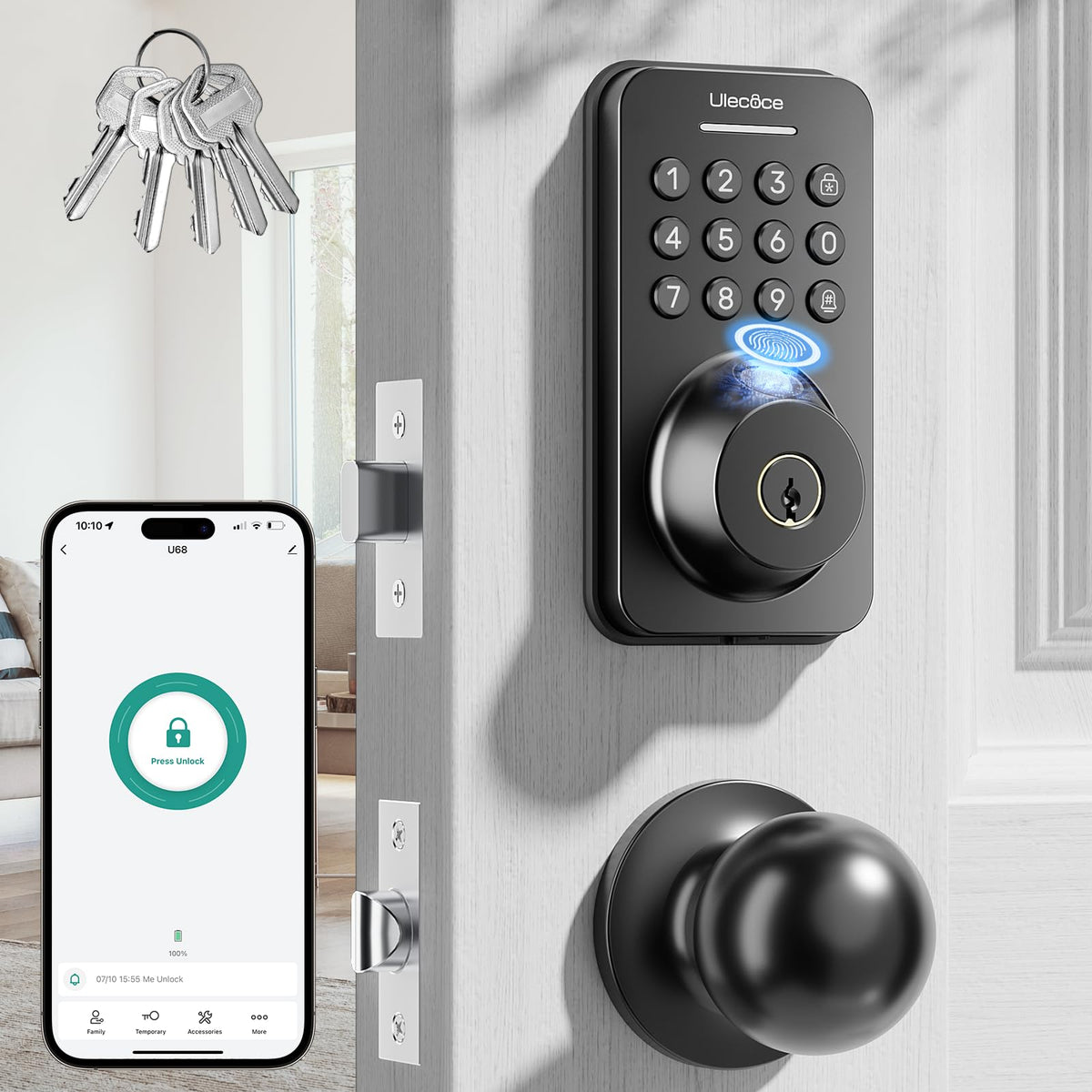 Ulecoce front view deadbolt and knob showing sleek matte black finish and modern curb appeal