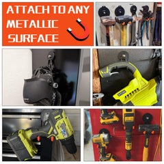 ULIBERMAGNET hooks on metal shelf organizing hoses and tools for tidy workspace