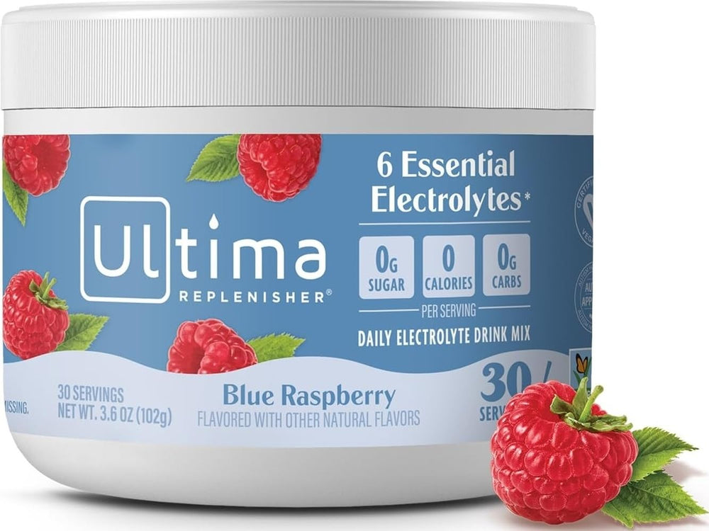 Ultima Replenisher front canister showing blue raspberry flavor and serving info for easy use