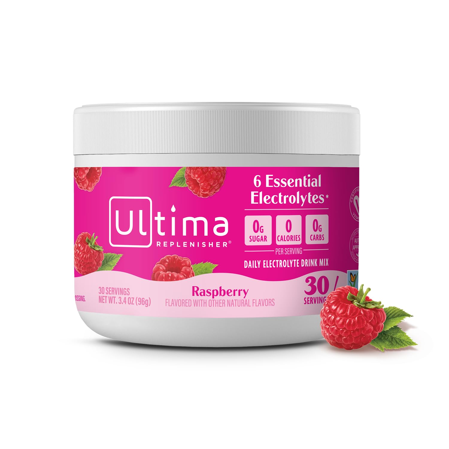 Ultima Replenisher canister front view showing raspberry label and clear benefits
