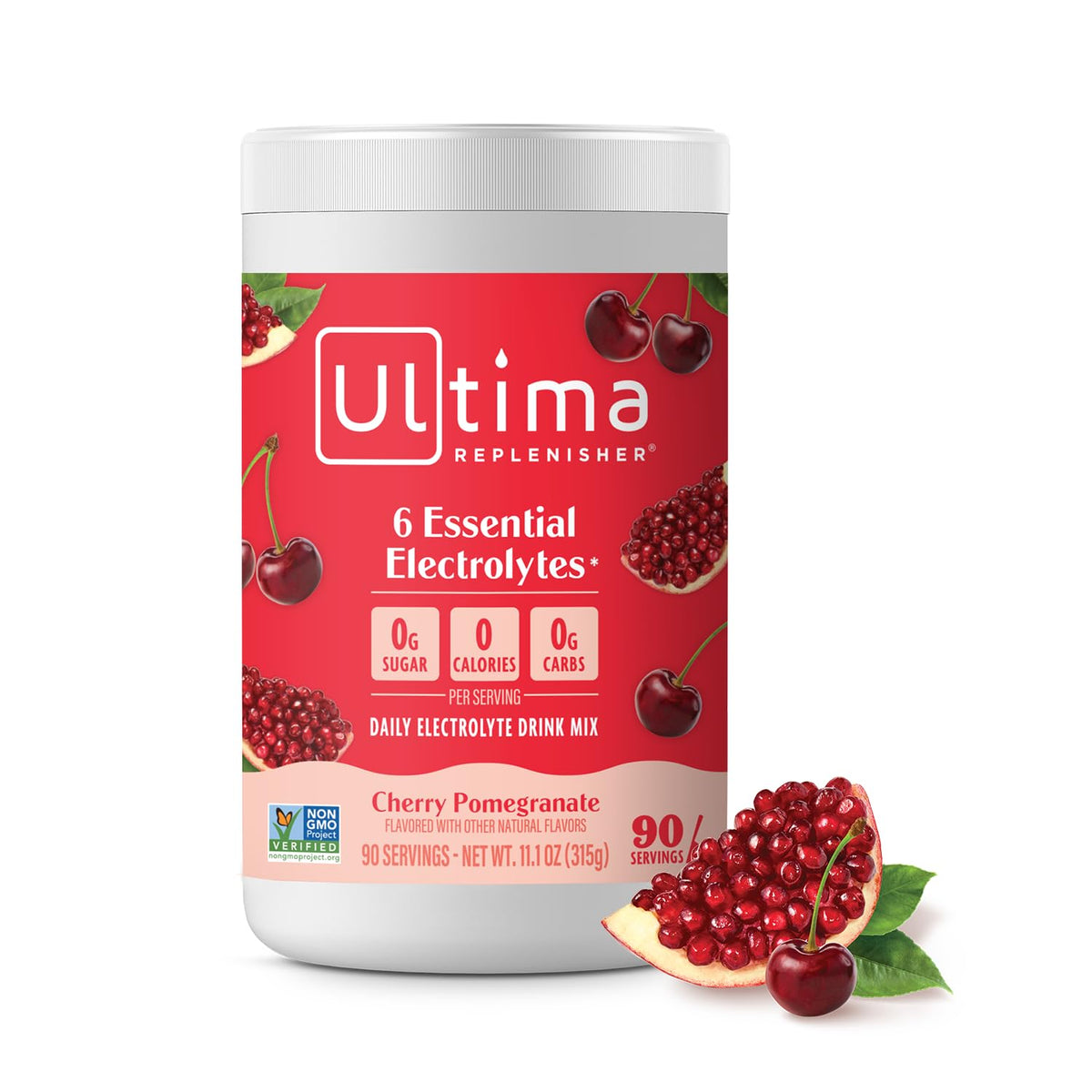 Ultima Replenisher canister front view showing Cherry Pomegranate label and servings benefit