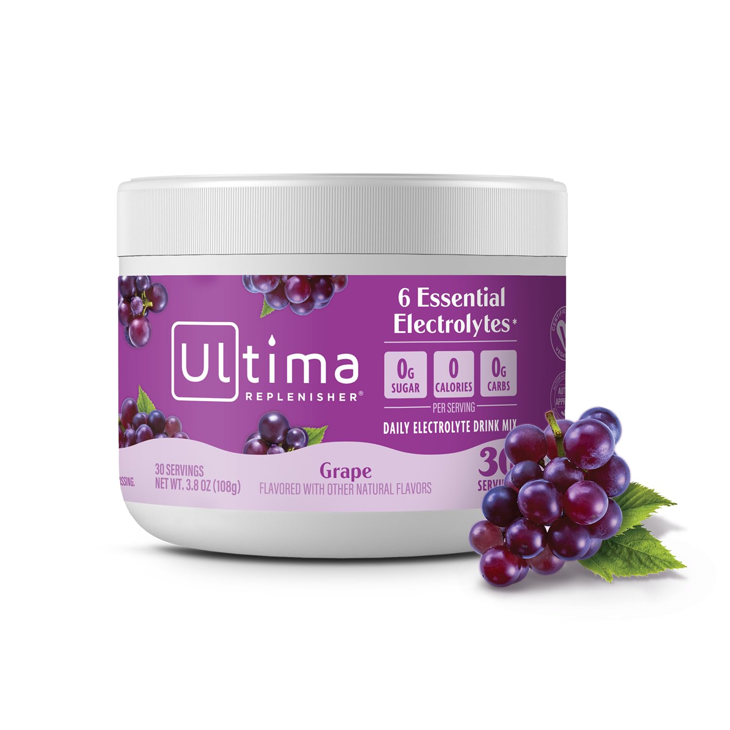 Ultima Replenisher canister front view showing grape flavor and label benefits