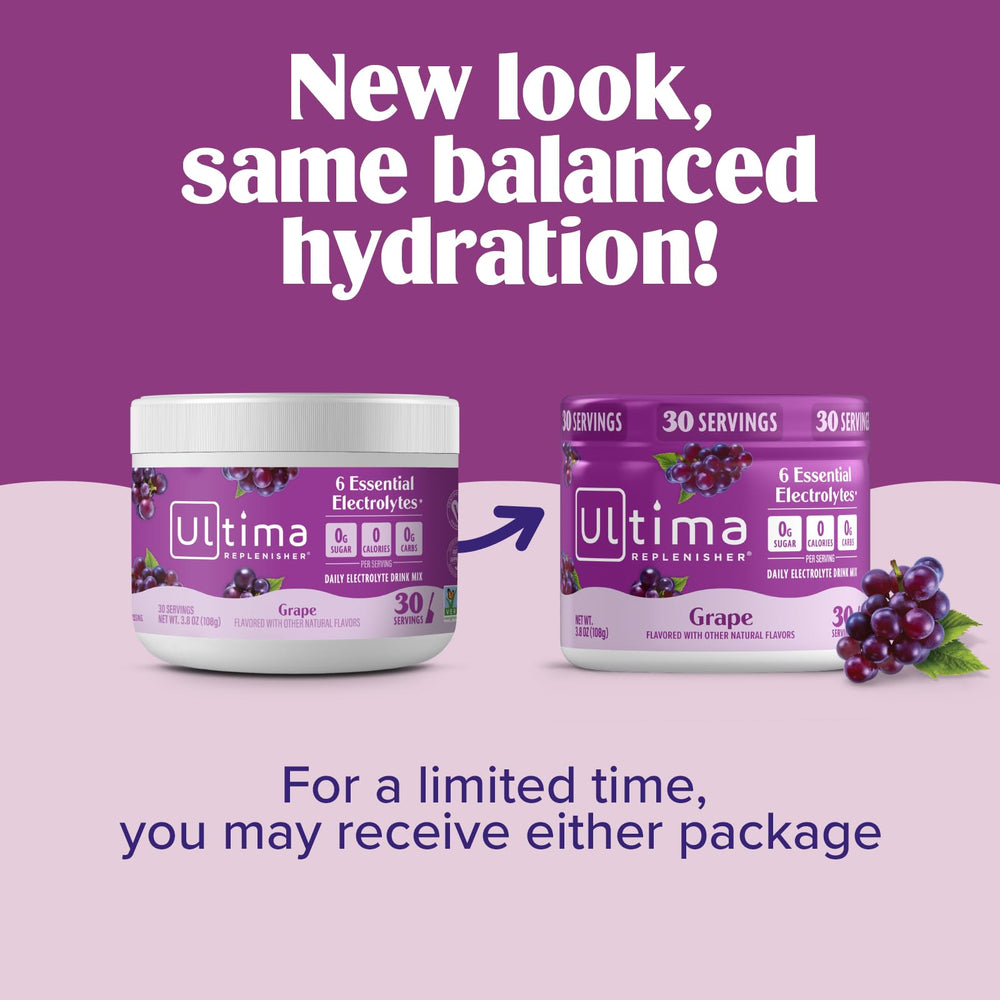 Glass of mixed grape electrolyte drink from Ultima Replenisher for refreshing hydration