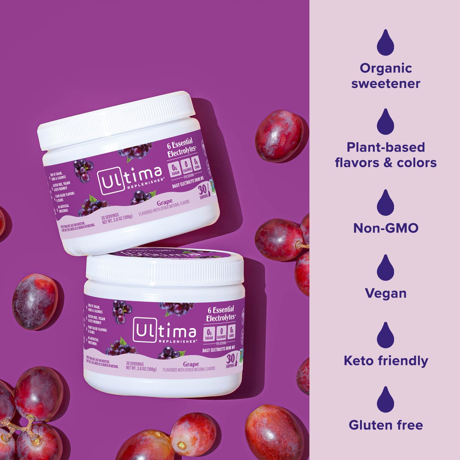 Graphic showing one-scoop serving size and 30 servings in Ultima Replenisher canister