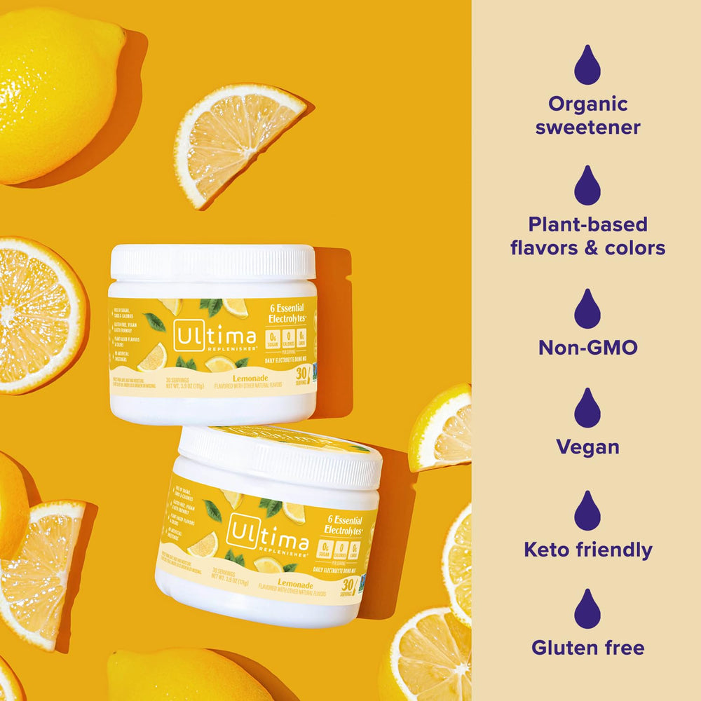 Ultima Replenisher single serving poured beside a glass and lemon slice