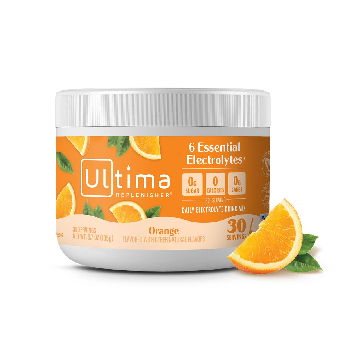 Ultima Replenisher canister front showing orange flavor and servings benefit