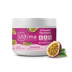 Ultima Replenisher canister front view showing passionfruit flavor and serving count for easy choice