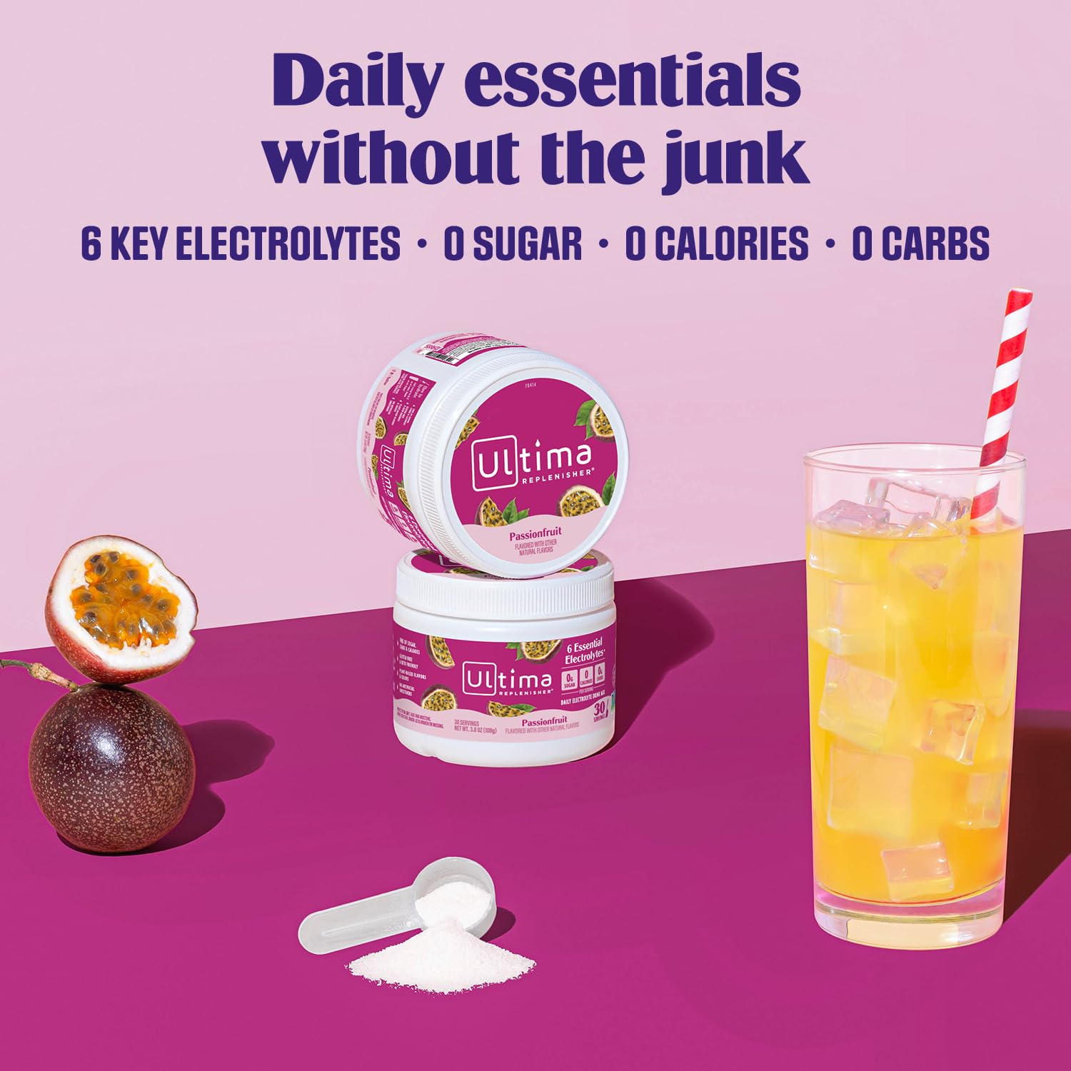 Ultima Replenisher scoop close-up showing measured serving for convenient, consistent mixes
