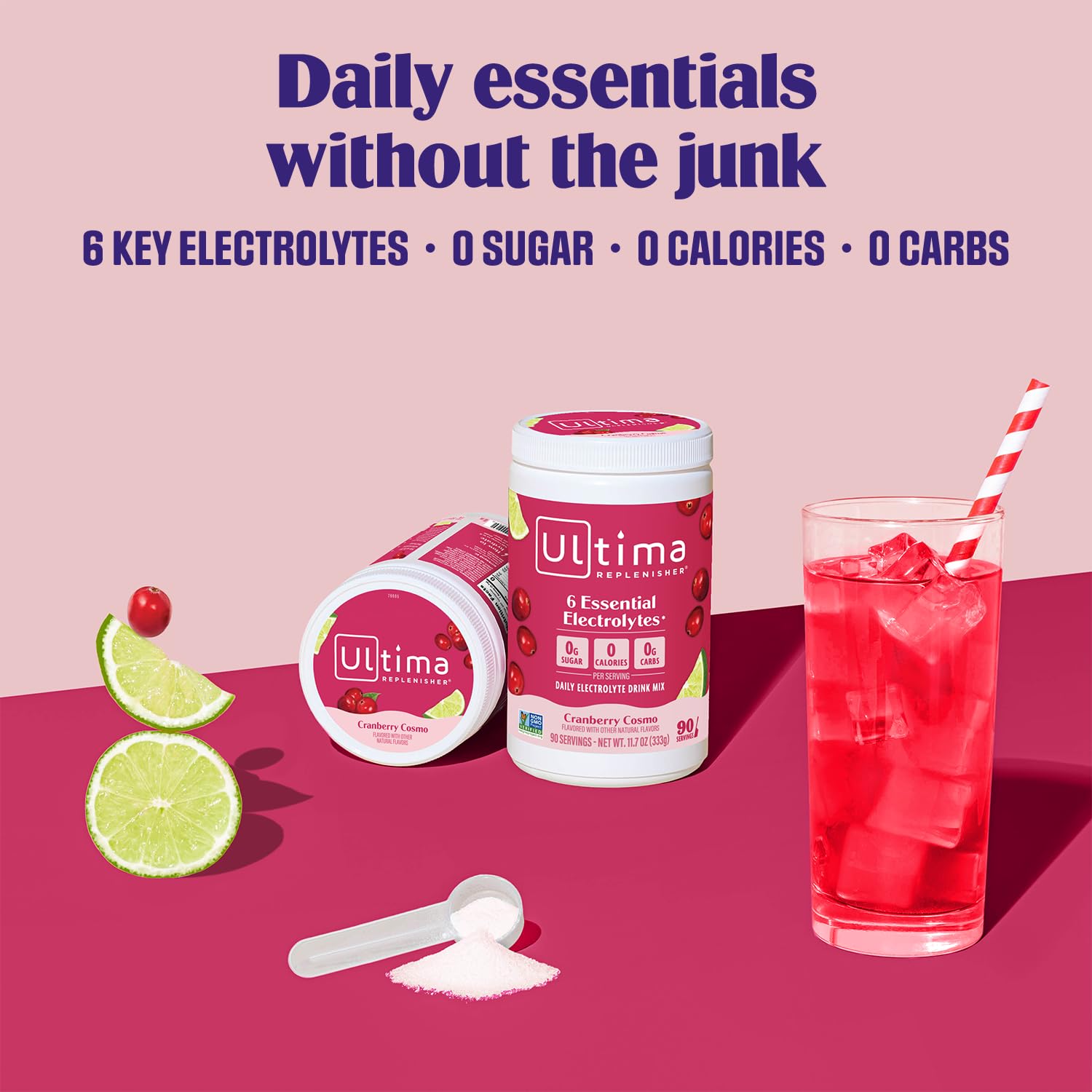 Ultima Replenisher powder on a scoop next to open canister highlighting scoop portion control