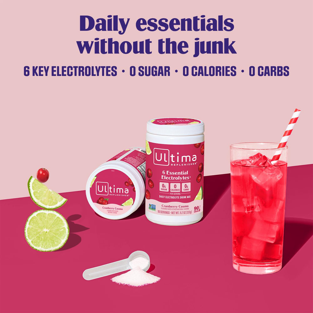 Ultima Replenisher powder on a scoop next to open canister highlighting scoop portion control