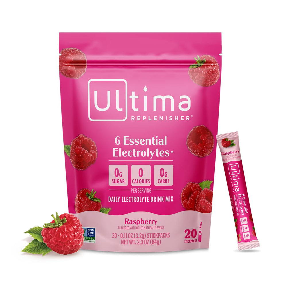 Ultima Replenisher front box showing raspberry flavor and benefits